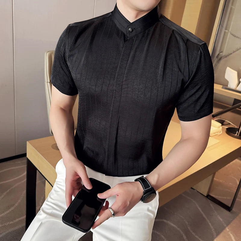 Men Modern Chinese-Inspired Mandarin Collar Short-Sleeve Shirt - Lightweight Striped Design with Slim  Casual  Semi-Formal Wear
