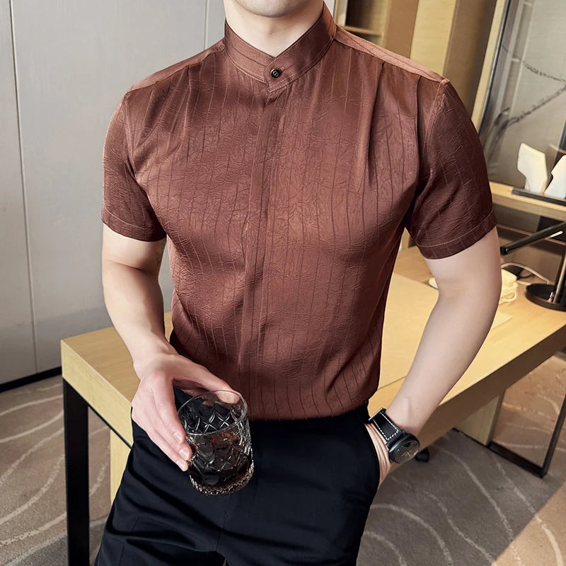 Men Modern Chinese-Inspired Mandarin Collar Short-Sleeve Shirt - Lightweight Striped Design with Slim  Casual  Semi-Formal Wear