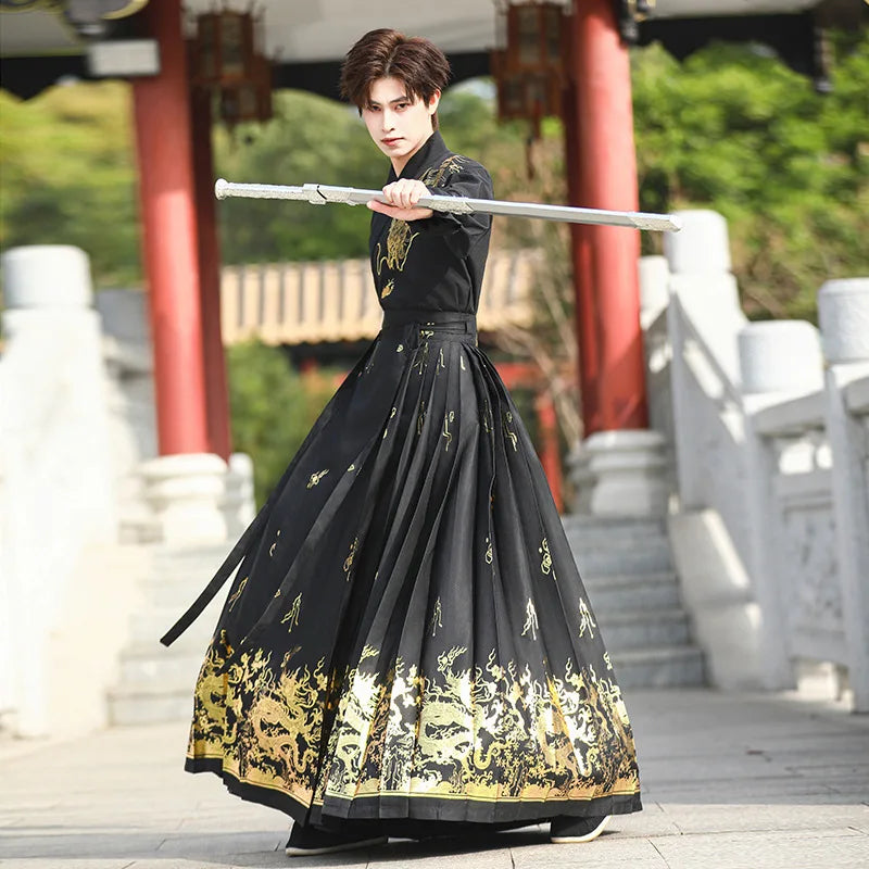 Traditional Chinese Modern Hanfu Men Horse Face Skirt Vest Mamianqun Embroidery Top Horse Face Skirt Two Piece Set 2024