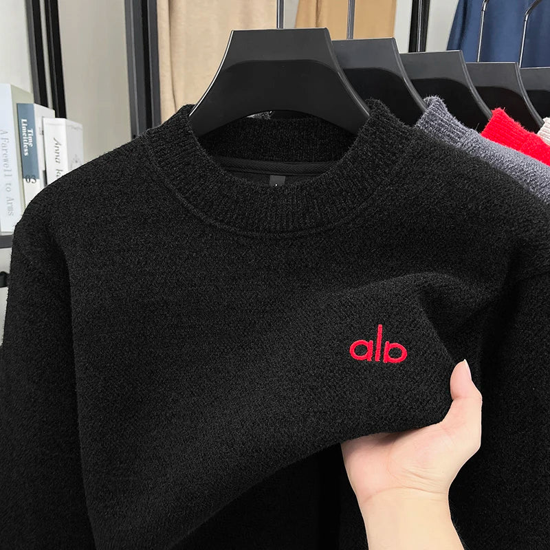 2025 New Men's Ferret Fleece Sweater Winter Collection Thick Knitted Sweater with Velvet Sweater Loose Round Neck Sweater