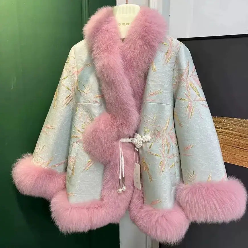 2025 high end retro chinese style tang suit coat Imitation fox fur warm winter coat women's youth temperament versatile jacket