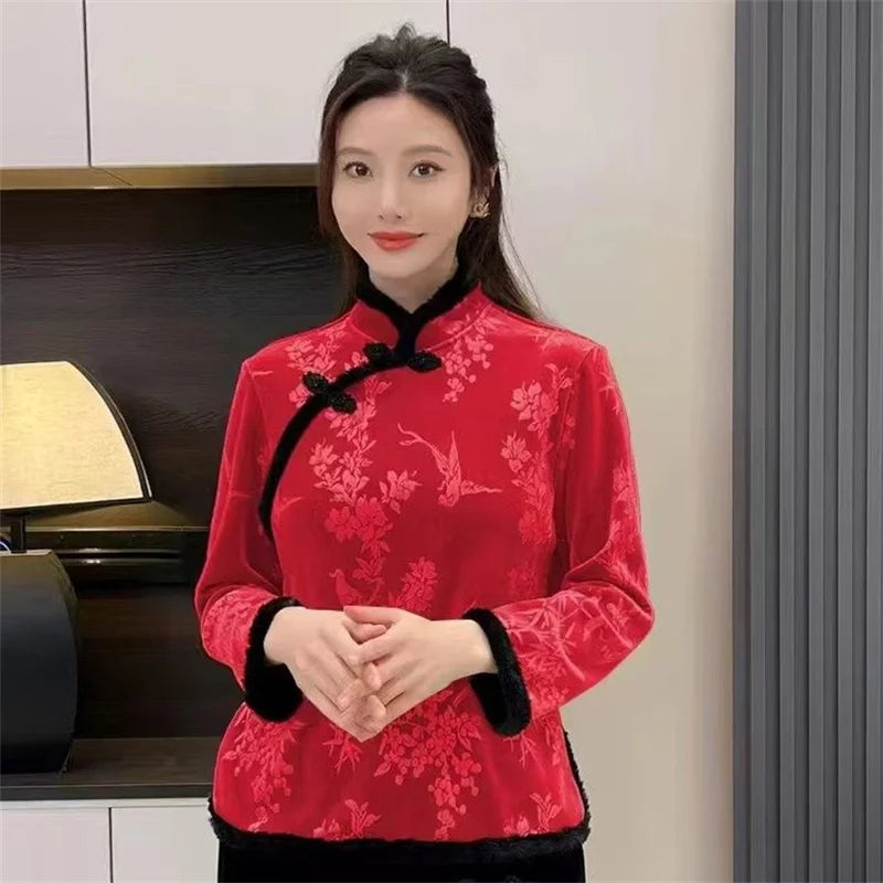 Women's Jacket Autumn and Winter Chinese Style Buckle Plus Velvet Bottoming Shirt Retro Fashion Slim Temperament Coat Outerwears