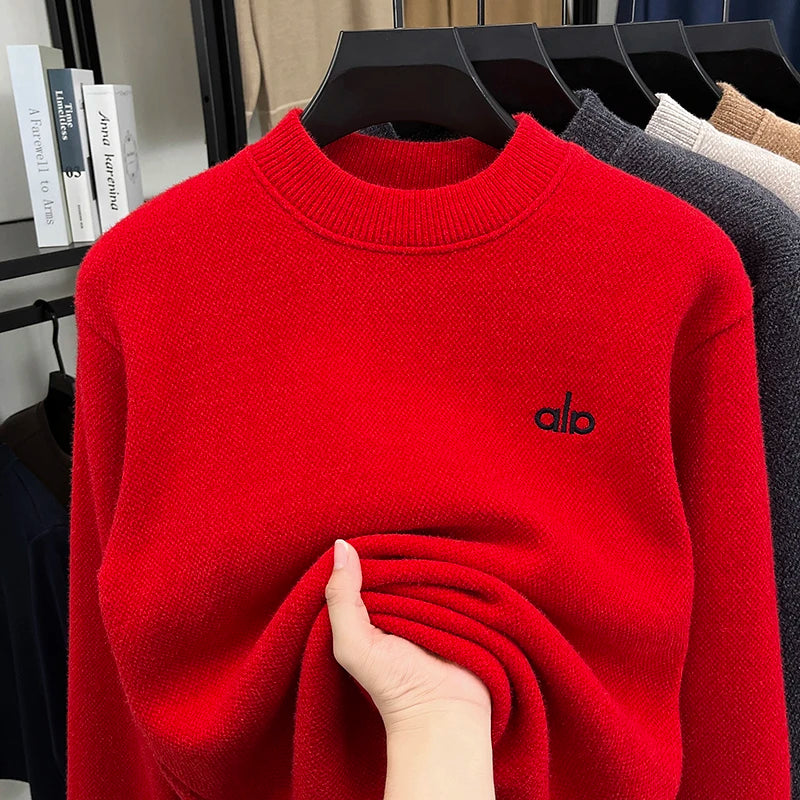 2025 New Men's Ferret Fleece Sweater Winter Collection Thick Knitted Sweater with Velvet Sweater Loose Round Neck Sweater