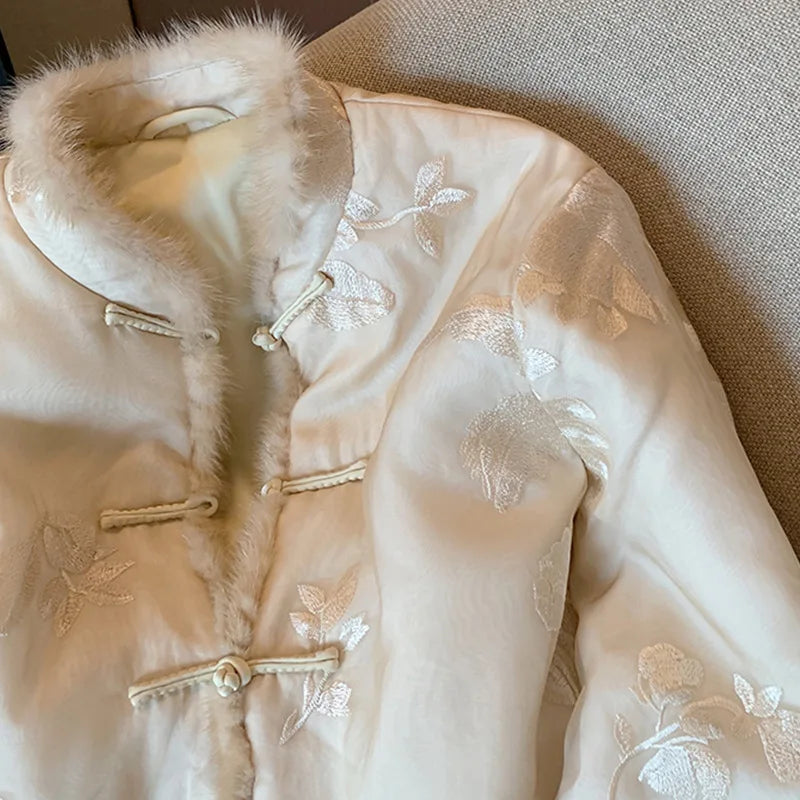 Winter Modern Chinese Quilted Coat, Women's Embroidered Cotton Padded Jacket with Knotted Buttons, Tang Suit Style