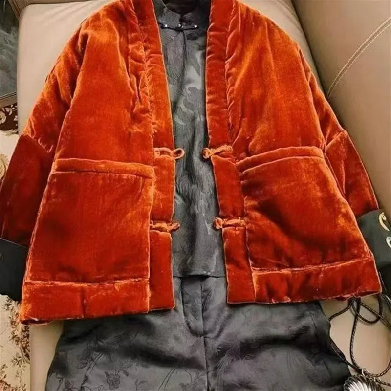 Limiguyue Autumn Winter Thick Warmful Red Velvet Coat Chinese Style Frog Button Loose Long Sleeve Jacekt Women Soft Outwear T217