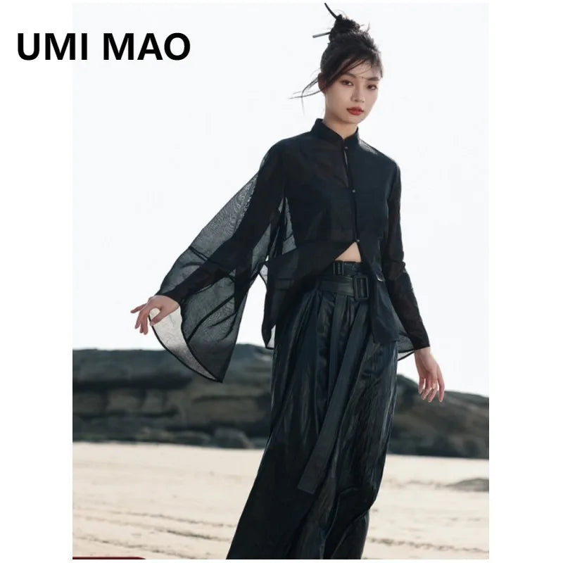 UMI MAO New Chinese Style Shirt Jacket For Women  SpringThin Retro Black Loose Translucent Ice Vinegar Silk Top Femme Y2K