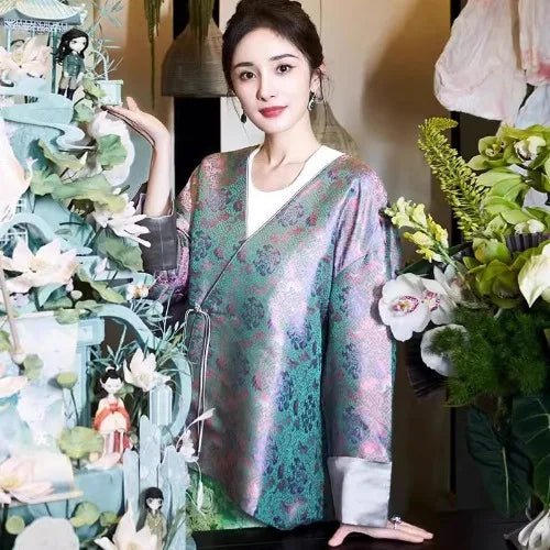 New Chinese Sle Song Jin Embroidered Jaet Women's High-End V-ne Belted Open Cardigan Top Autumn Loose Fit Long Sve