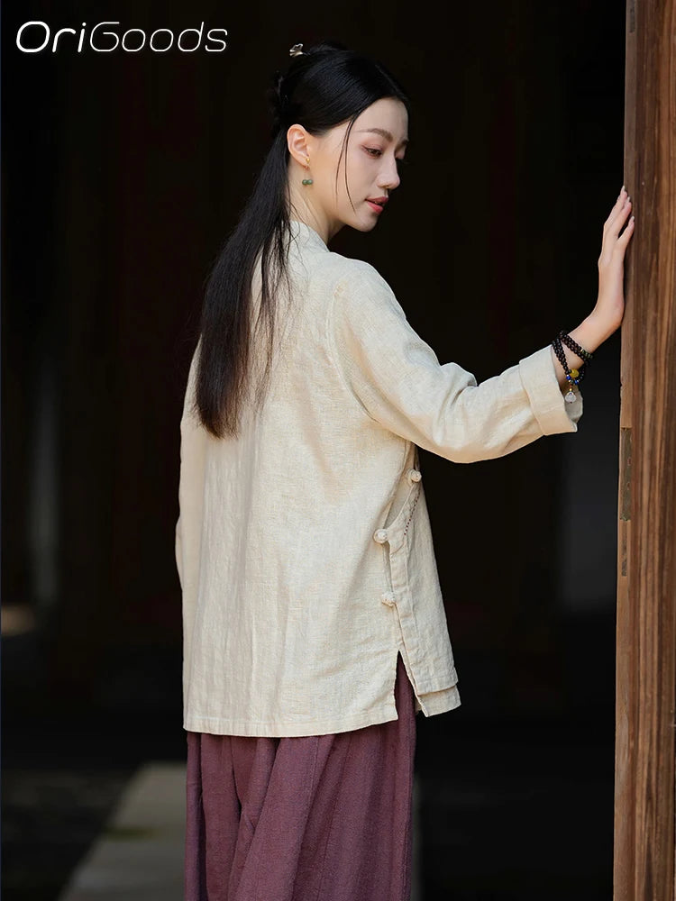 OriGoods Chinese Traditional Clothes Linen Shirt Woman 2025 New Summer Long Sleeve Shirt Japanese Zen Meditation Blouse Top C076