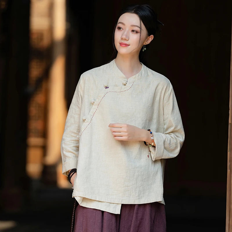 OriGoods Chinese Traditional Clothes Linen Shirt Woman 2025 New Summer Long Sleeve Shirt Japanese Zen Meditation Blouse Top C076
