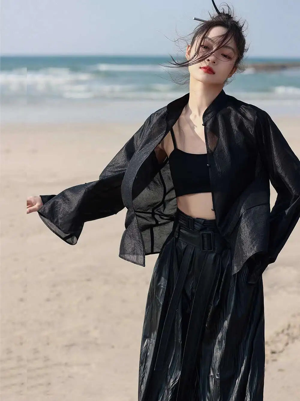 UMI MAO New Chinese Style Shirt Jacket For Women  SpringThin Retro Black Loose Translucent Ice Vinegar Silk Top Femme Y2K