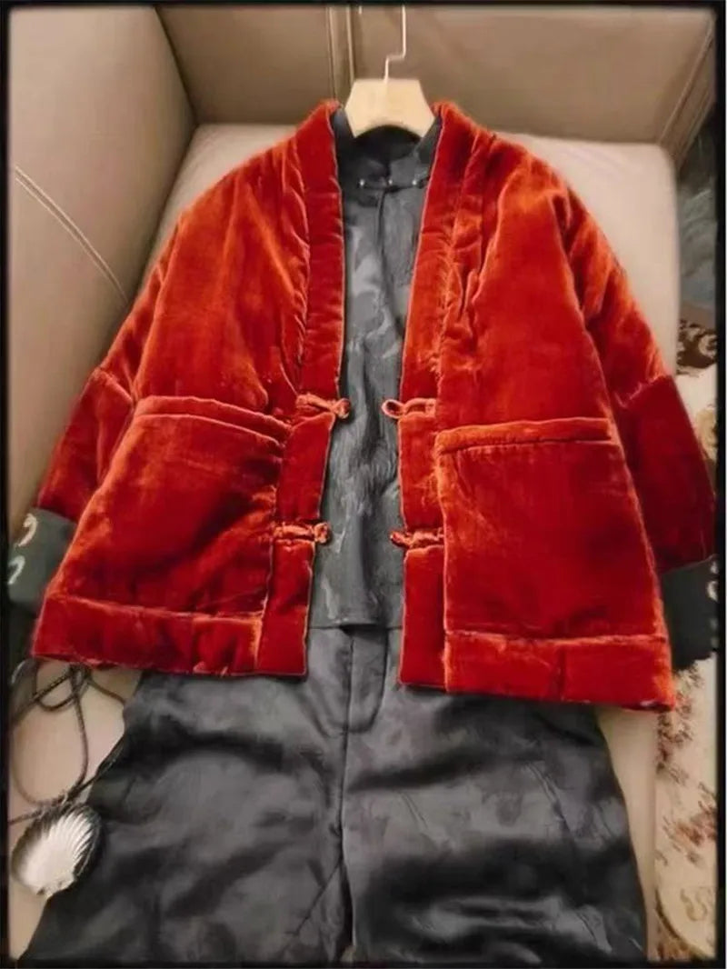 Limiguyue Autumn Winter Thick Warmful Red Velvet Coat Chinese Style Frog Button Loose Long Sleeve Jacekt Women Soft Outwear T217