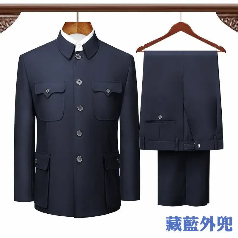 Autumn Stand-up Collar Overcoat Trousers Suit Middle-aged Chinese Style Loose Casual High Street Jackets Pants Set/single Pice