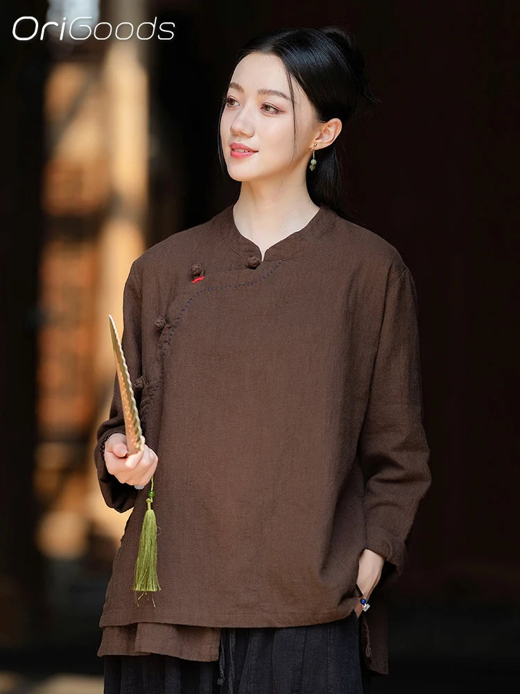 OriGoods Chinese Traditional Clothes Linen Shirt Woman 2025 New Summer Long Sleeve Shirt Japanese Zen Meditation Blouse Top C076
