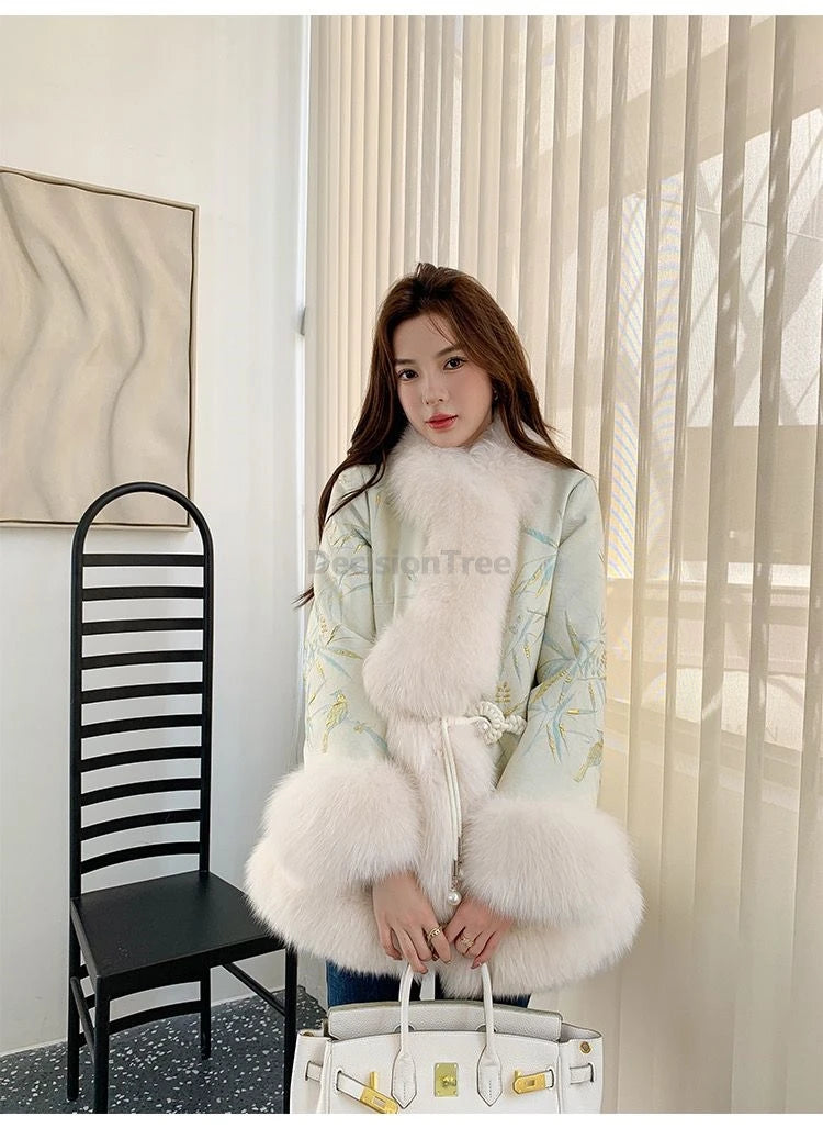 2025 high end retro chinese style tang suit coat Imitation fox fur warm winter coat women's youth temperament versatile jacket