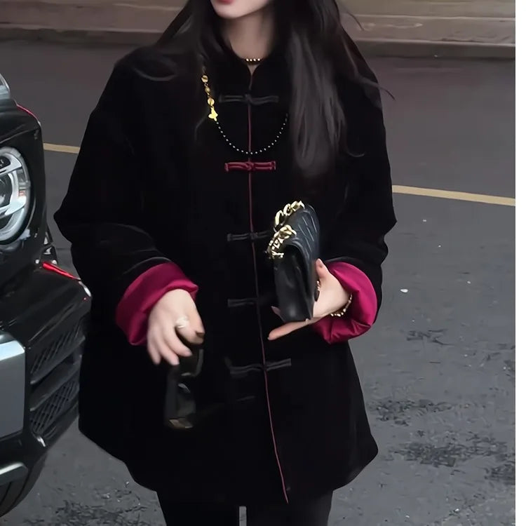 Winter Modern Chinese Coat, Women's Thick Padded Quilted Cotton Jacket with Knotted Buttons, Loose Fit Tang Suit