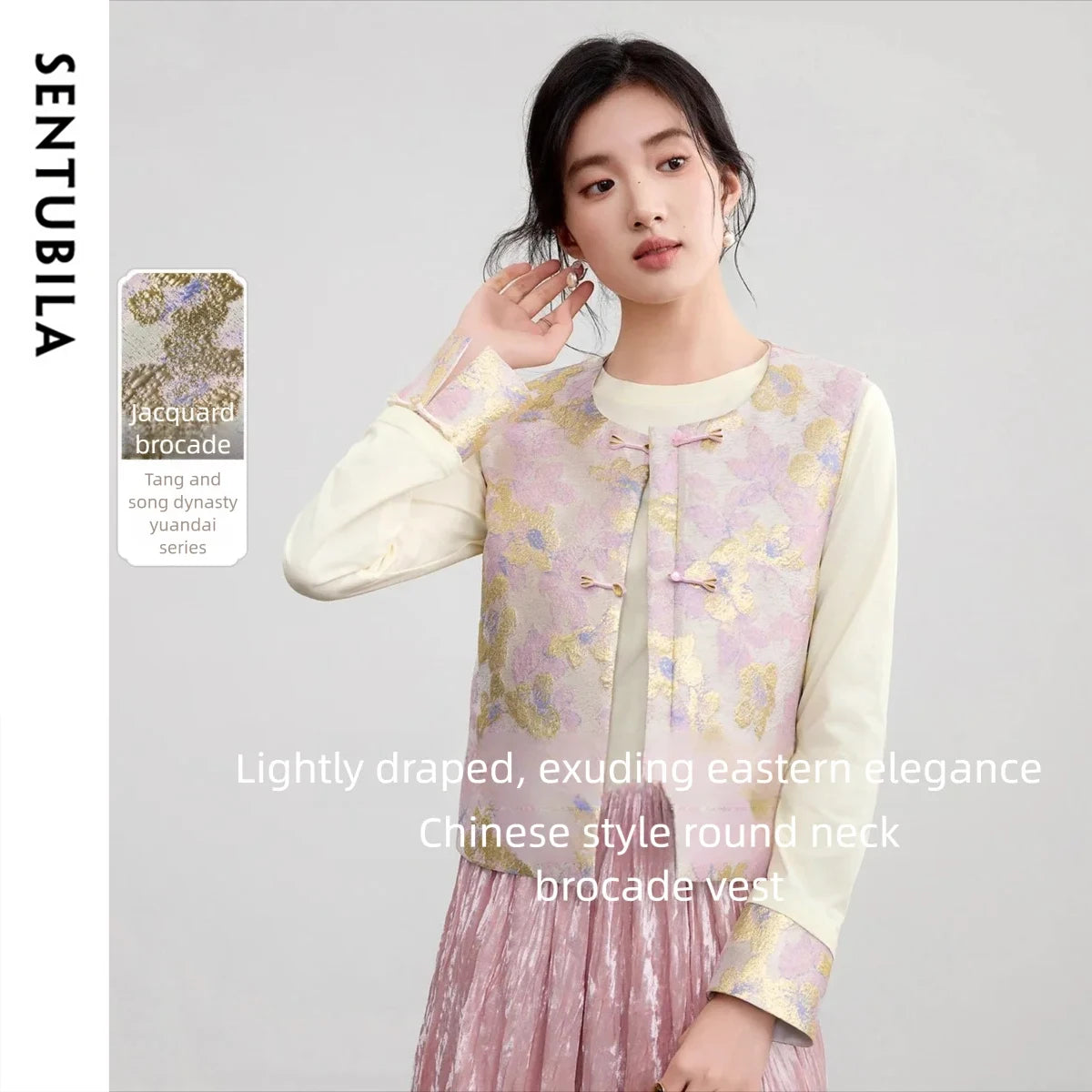 SENTUBILA Woman Jacket Vests National Wind Chinese Style Round-neck Three-color Vest Top Short Sleeveless Vest 153JD1942