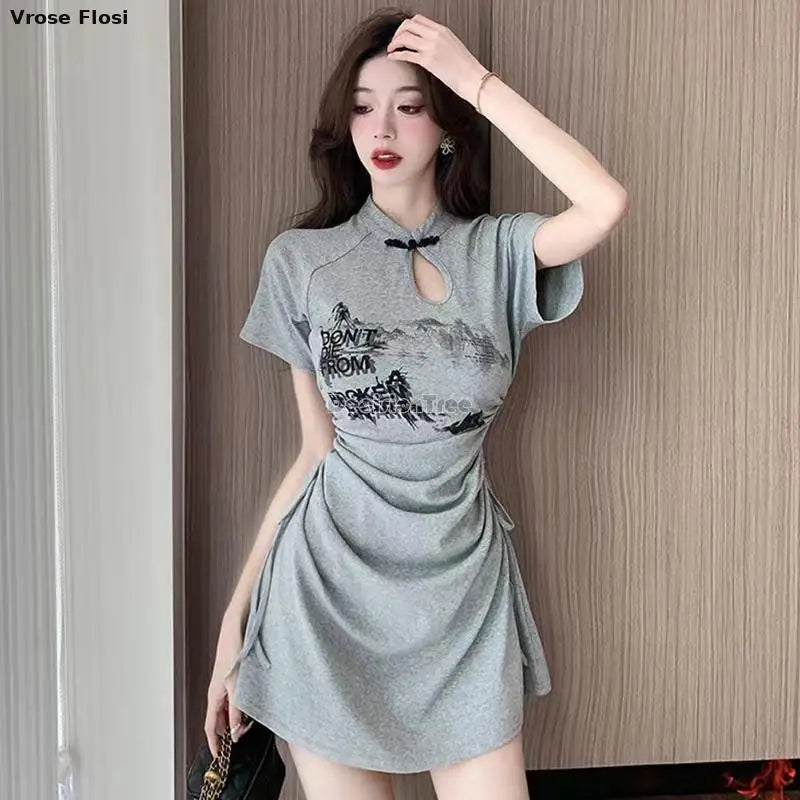 New 2024 Retro Daily Leisure Qipao Dress Chinese Style Printing Improved Cheongsam Fashionable Wrinkled Waist Design Thin Dress