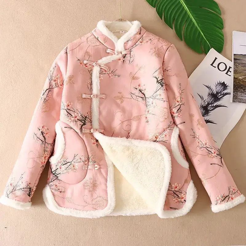 New Chinese thick plush cotton-padded jacket women's cheongsam collar embroidery buckle fur cotton-padded jacket winter coat