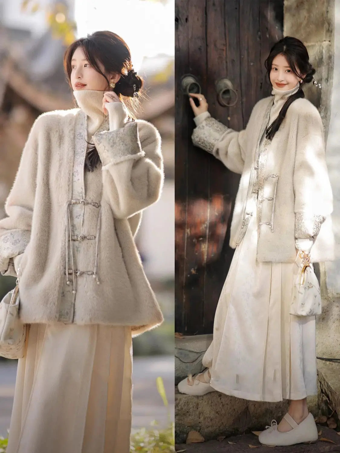 Chinese Style Loose Faux Fur Coat Women 2025 Winter Warm Frog Button Closure Outerwear