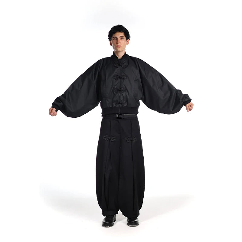 Chinese Knot Button Short Jacket Women Wide Sleeve Zipper Coat Stand Chic Fashion Outwear 2025 New Autumn Stylish Lady Coats