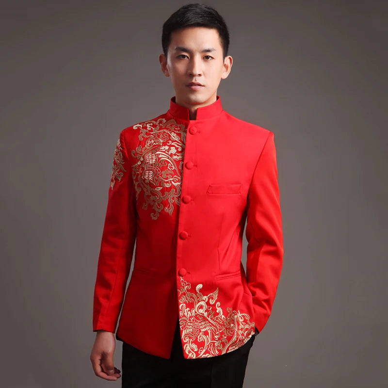 Red chinese style top new year traditional clothes for men plus size wedding winter jacket coat tang Embroidery Zhongshan Blazer