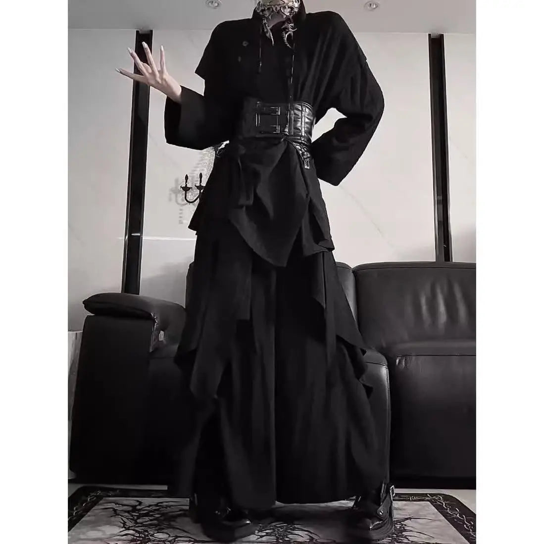 Niche Dark Black Costume New Chinese Style Long Sleeved Slanted Strap Top Shirt Vintage Bisex y2k Fashion Outfits Trendy Cool