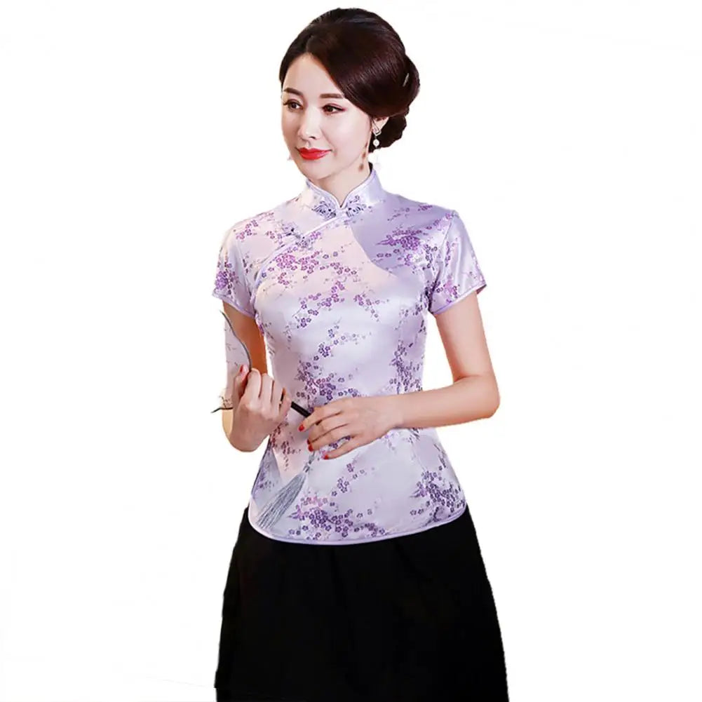 Women Cheongsam Shirt Chinese Style Plum Print Summer Autumn Exquisite Buckles Stand Collar Cheongsam Top for Wedding