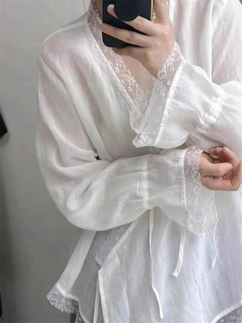 2025 New Spring White Lace Patchwork Blouse Women Chinese Fashion Long Sleeve Breathable Elegant Cardigans Irregular Shirts