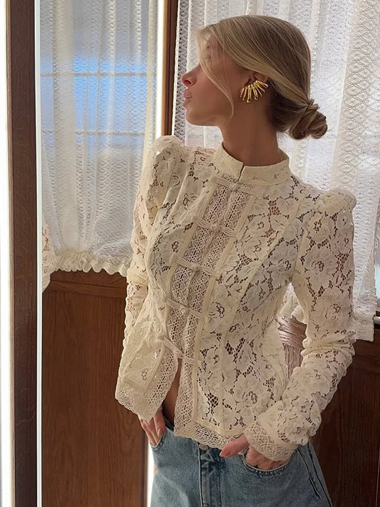 Women Solid Lace Chinese Shirt Elegant Round Neck Long Sleeve Slim Fit Vintage Blouse 2025 New Female Fashion Party Chic Top