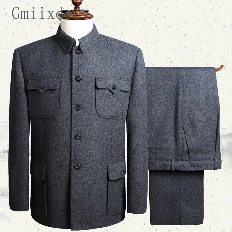 Autumn Stand-up Collar Overcoat Trousers Suit Middle-aged Chinese Style Loose Casual High Street Jackets Pants Set/single Pice Collage