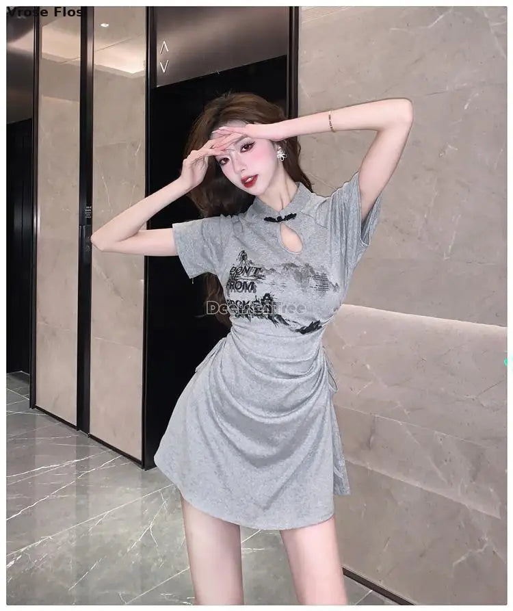 New 2024 Retro Daily Leisure Qipao Dress Chinese Style Printing Improved Cheongsam Fashionable Wrinkled Waist Design Thin Dress