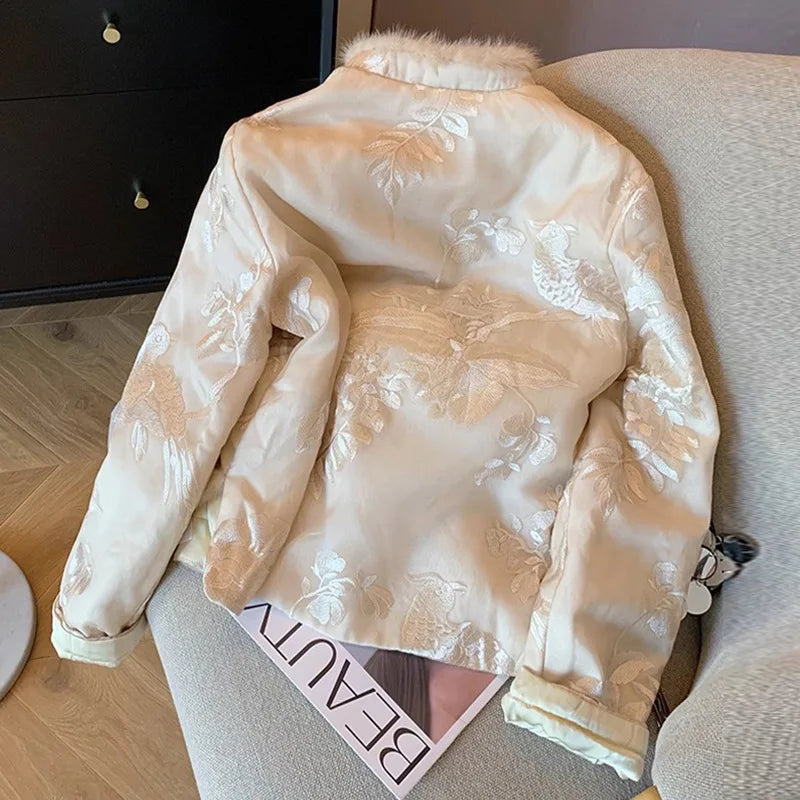 Winter Modern Chinese Quilted Coat, Women's Embroidered Cotton Padded Jacket with Knotted Buttons, Tang Suit Style