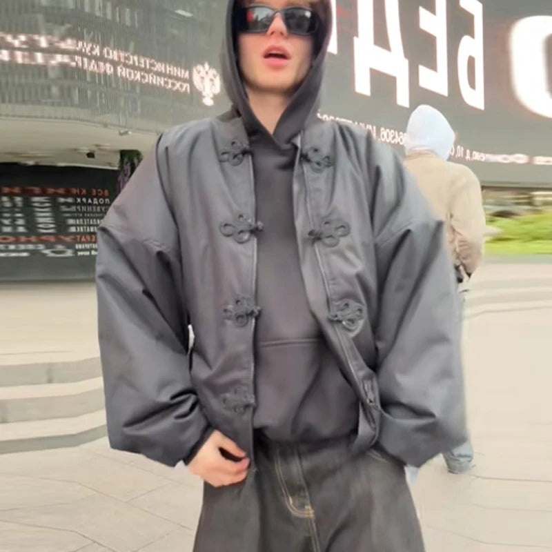 Chinese Knot Button Short Jacket Women Wide Sleeve Zipper Coat Stand Chic Fashion Outwear 2025 New Autumn Stylish Lady Coats