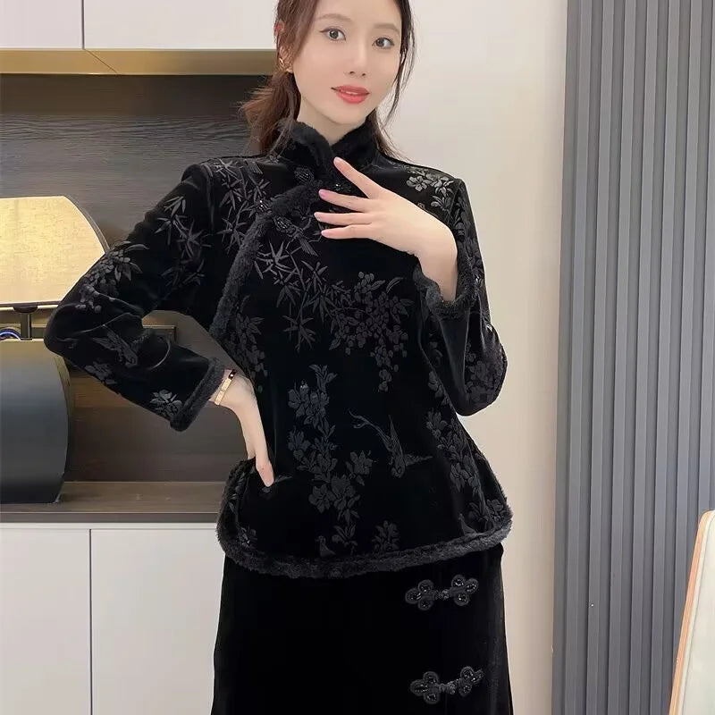 Women's Jacket Autumn and Winter Chinese Style Buckle Plus Velvet Bottoming Shirt Retro Fashion Slim Temperament Coat Outerwears