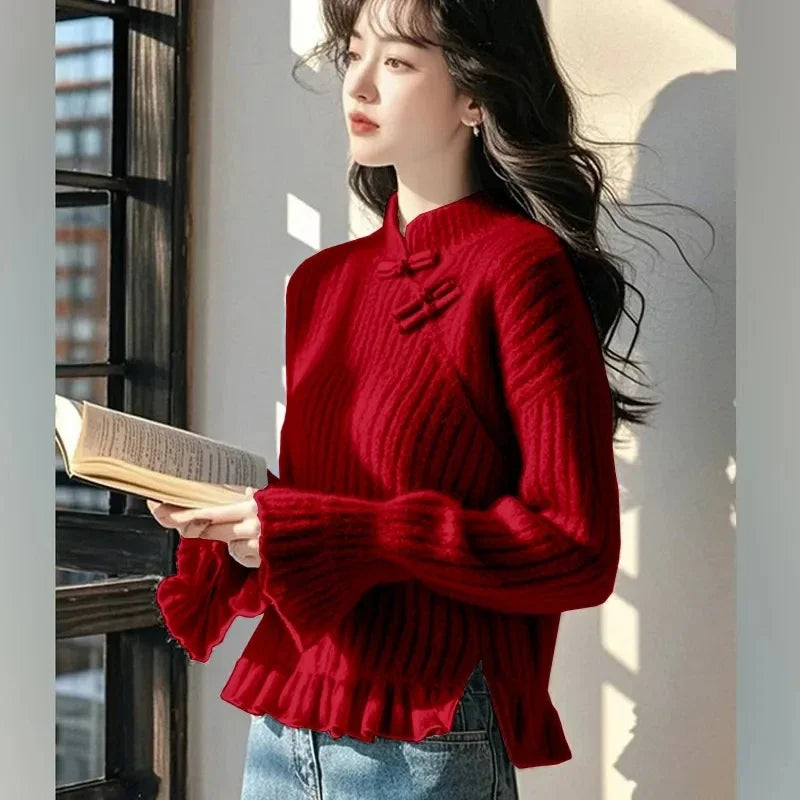 Elegant Pink Stand Collar Sweater With Ruffle Hem And Button Closure For Women Casual Autumn Winter Wear Chinese Style Design