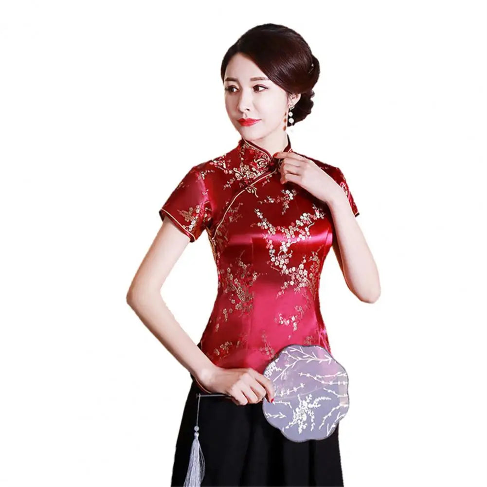 Women Cheongsam Shirt Chinese Style Plum Print Summer Autumn Exquisite Buckles Stand Collar Cheongsam Top for Wedding