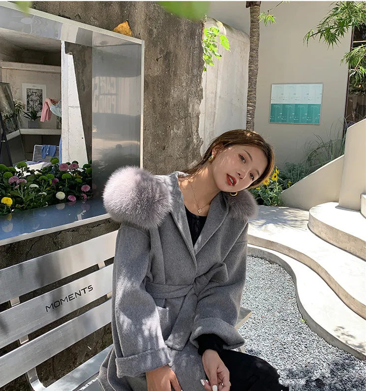 2023 Autumn Winter Fox Fur Collar Hooded Wool Cashmere Coat Women Woolen Jacket Chinese and Korean Fashion Outerwear Streetwear