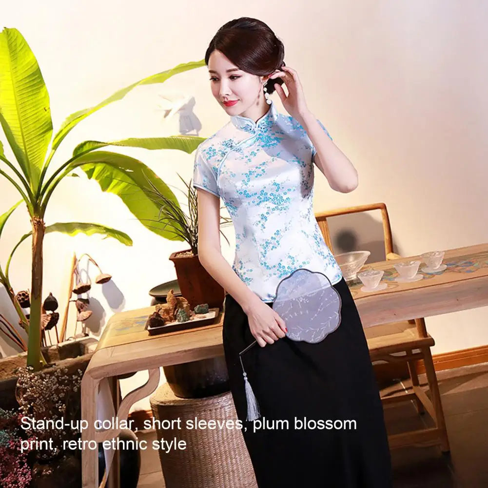 Women Cheongsam Shirt Chinese Style Plum Print Summer Autumn Exquisite Buckles Stand Collar Cheongsam Top for Wedding