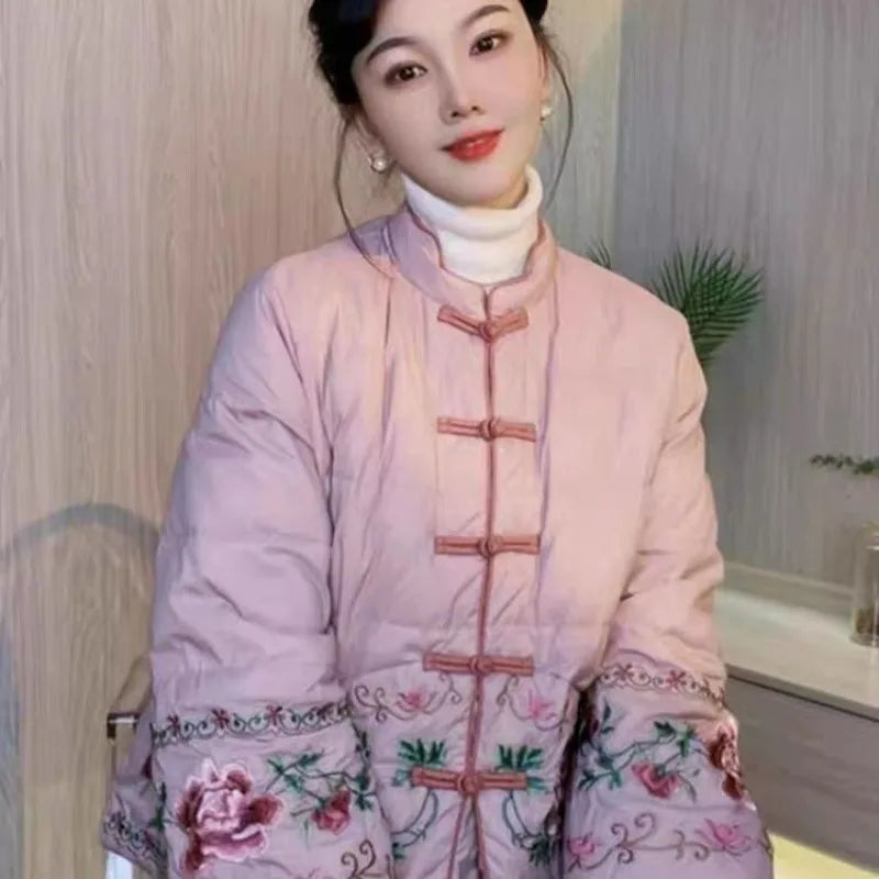 Chinese Style Retro Tang Style Cotton Jacket Women 2025 New Autumn Fashion Pink Womens Coat Casual Female Winter Clothes