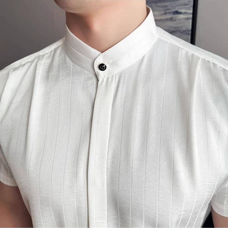 Men Modern Chinese-Inspired Mandarin Collar Short-Sleeve Shirt - Lightweight Striped Design with Slim  Casual  Semi-Formal Wear