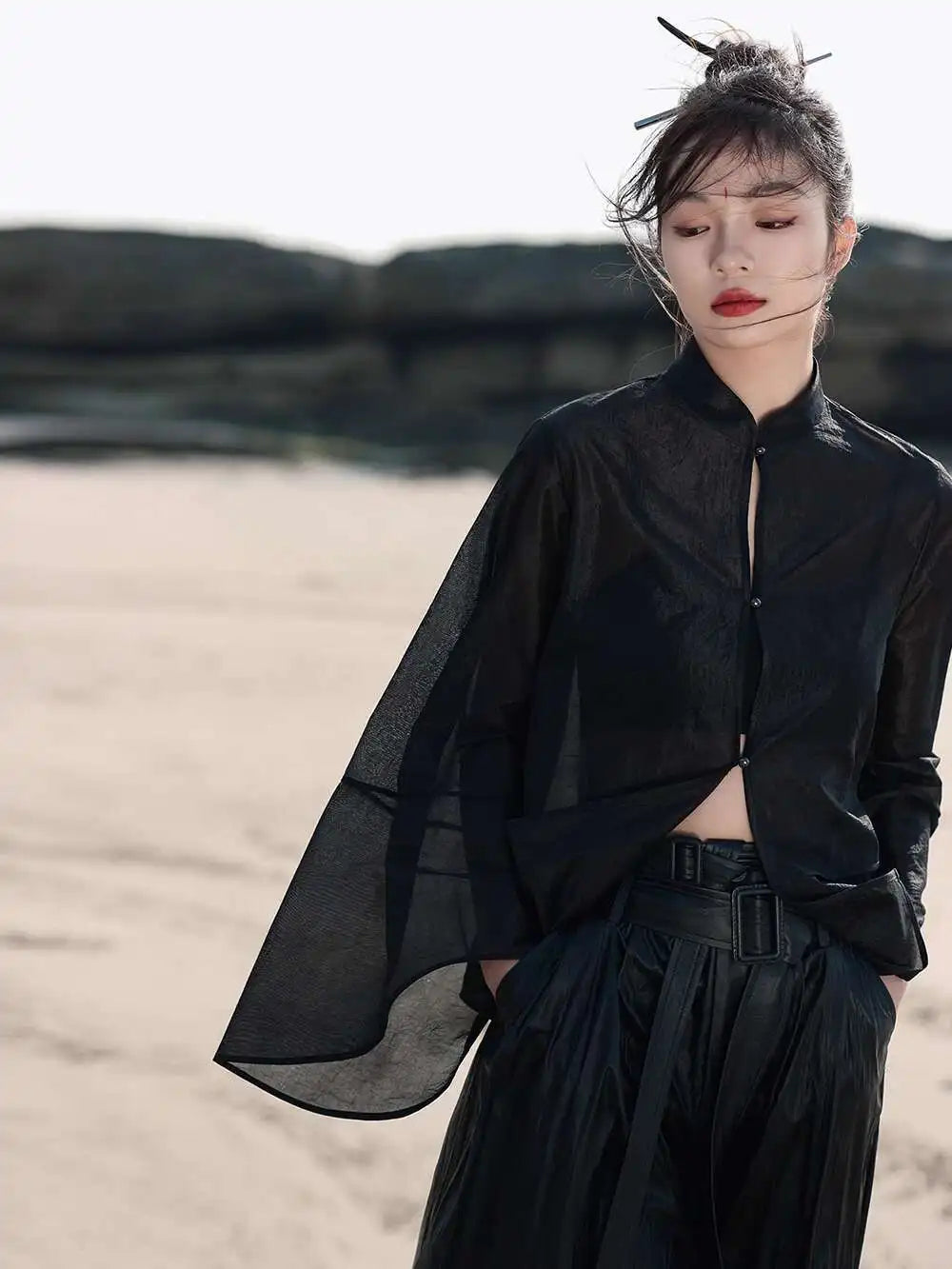 UMI MAO New Chinese Style Shirt Jacket For Women  SpringThin Retro Black Loose Translucent Ice Vinegar Silk Top Femme Y2K