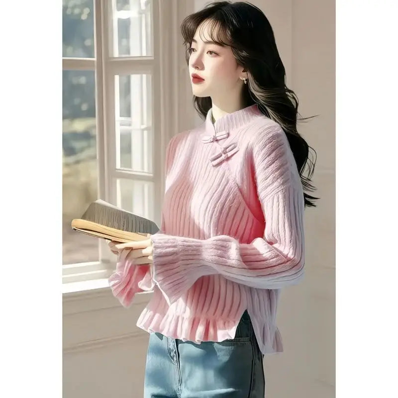 Elegant Pink Stand Collar Sweater With Ruffle Hem And Button Closure For Women Casual Autumn Winter Wear Chinese Style Design