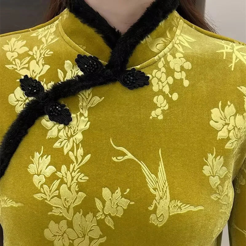 Women's Jacket Autumn and Winter Chinese Style Buckle Plus Velvet Bottoming Shirt Retro Fashion Slim Temperament Coat Outerwears