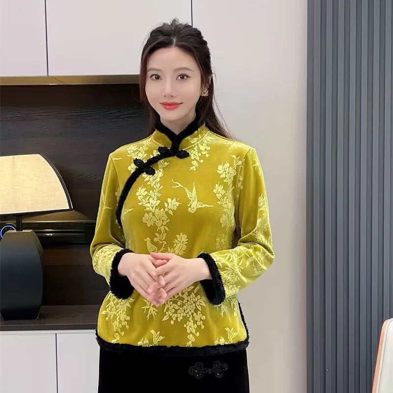 Women's Jacket Autumn and Winter Chinese Style Buckle Plus Velvet Bottoming Shirt Retro Fashion Slim Temperament Coat Outerwears