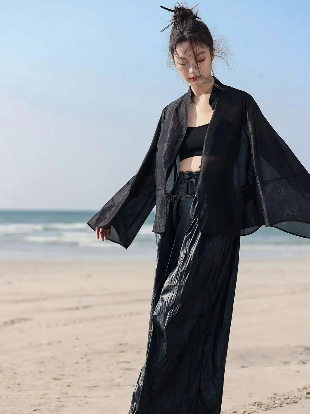 UMI MAO New Chinese Style Shirt Jacket For Women  SpringThin Retro Black Loose Translucent Ice Vinegar Silk Top Femme Y2K