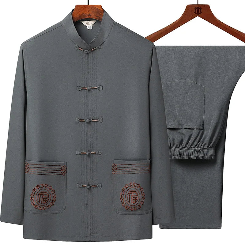 Tang Suit (top + Pants) Men's Middle-aged and Elderly Father Long Sleeve Old Man Clothes Grandpa Wear Chinese Style Tai Chi Suit