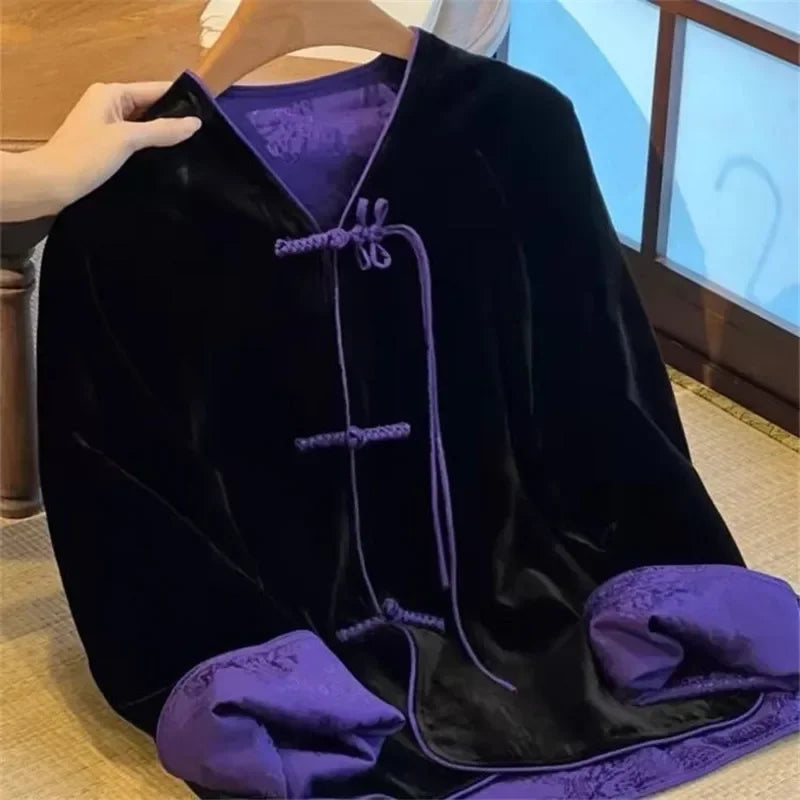 Black Velvet Jacket Women High-end Spliced Purple Coat Chinese Style Tassel Buckle Womens Outerwear Autumn Winter
