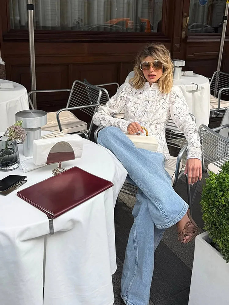 Women Solid Lace Chinese Shirt Elegant Round Neck Long Sleeve Slim Fit Vintage Blouse 2025 New Female Fashion Party Chic Top