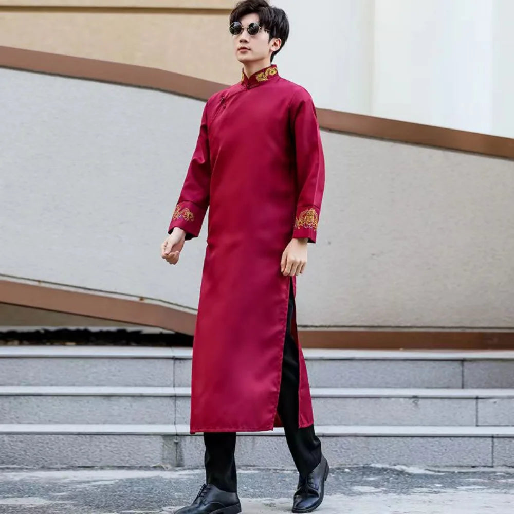Red Black Pink Traditional Chinese Dresses Large Size Tang Suit Men Robe Brother Costume Cross Talk Gown Cheongsam Weddin Dress