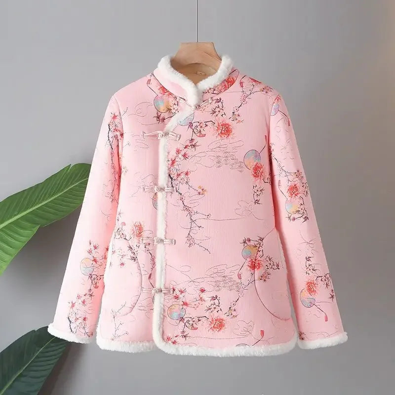 New Chinese thick plush cotton-padded jacket women's cheongsam collar embroidery buckle fur cotton-padded jacket winter coat